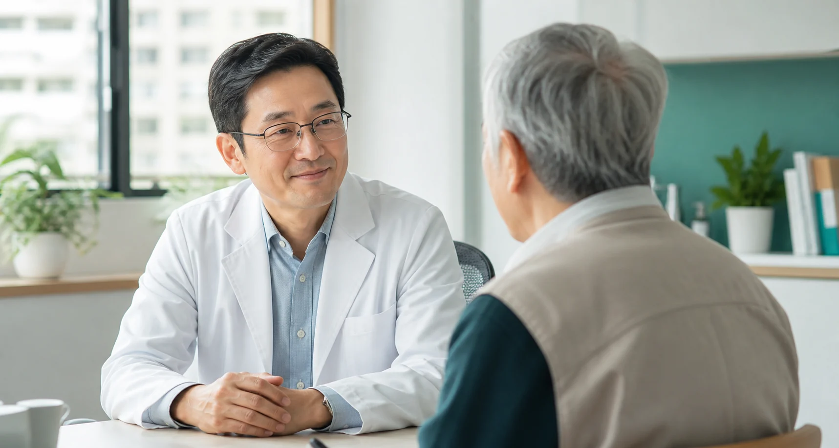 醫師於診間聆聽長者分享健康狀況的情境示意圖